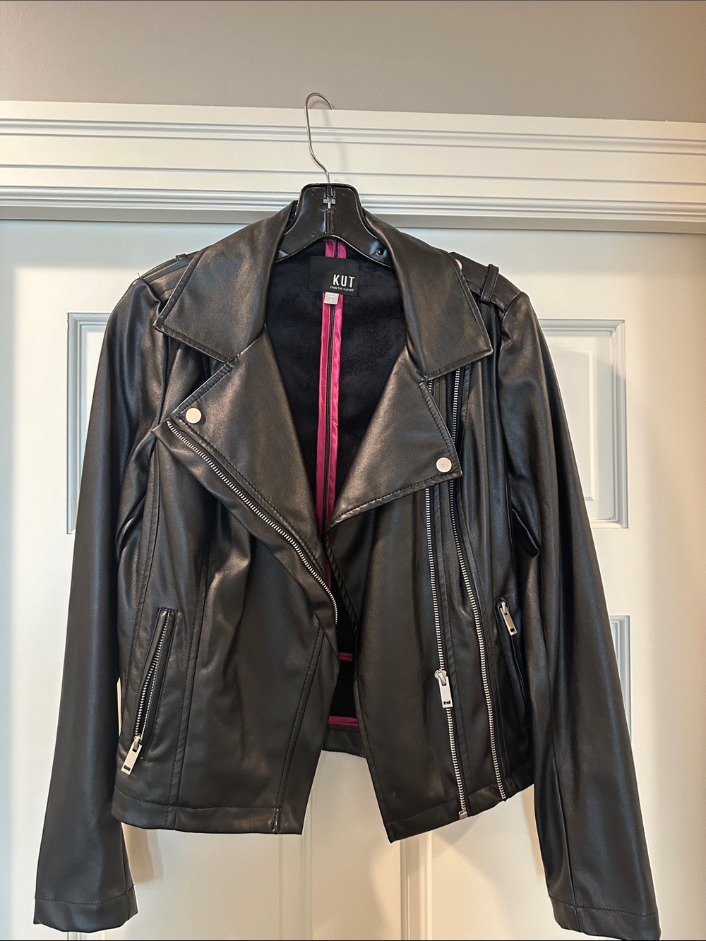 Kut from the Kloth Black Faux Leather Moto Jacket with Pink Lining
